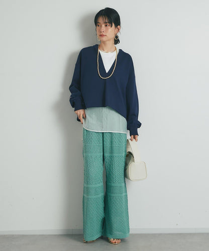 《優雅女性風》透孔圖案束腰針織褲