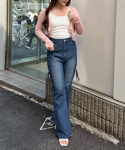 【可甜美穿搭的牛仔褲！】側邊繫帶喇叭褲