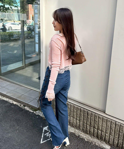 【可甜美穿搭的牛仔褲！】側邊繫帶喇叭褲