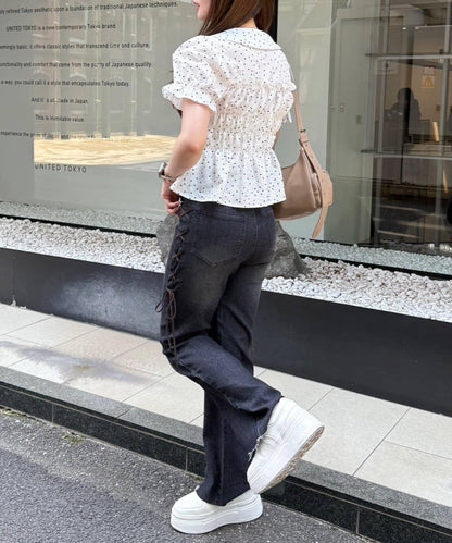 【可甜美穿搭的牛仔褲！】側邊繫帶喇叭褲