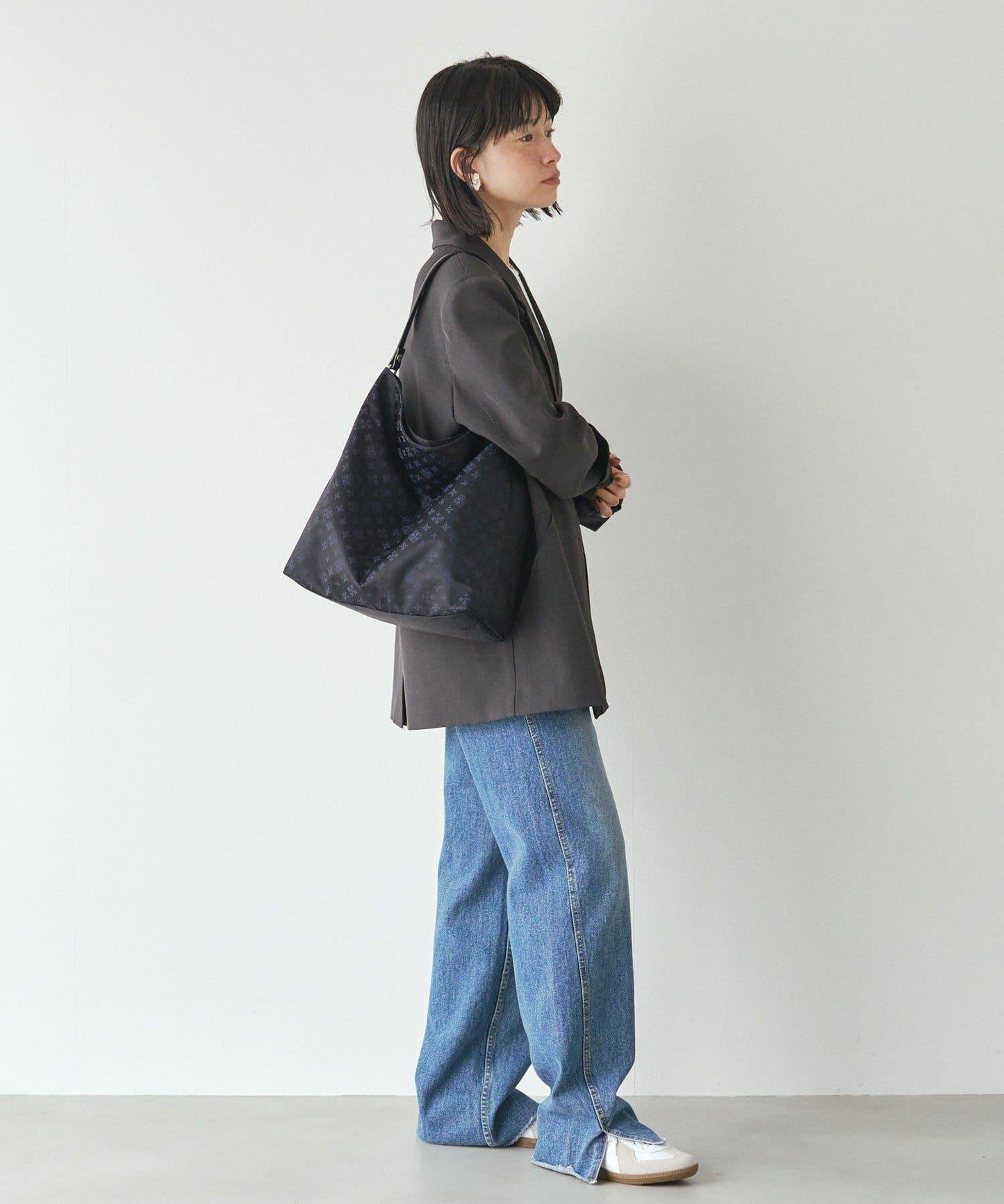 字母圖案尼龍提花豎款兩用單肩包