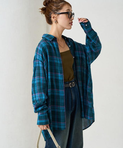 寬鬆版型格子寬袖襯衫