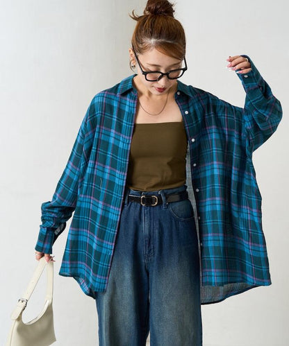 寬鬆版型格子寬袖襯衫