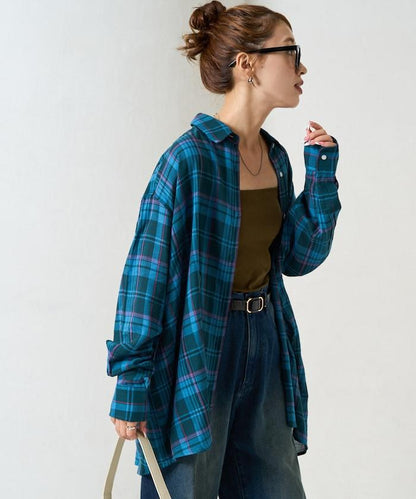 寬鬆版型格子寬袖襯衫