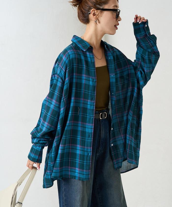 寬鬆版型格子寬袖襯衫