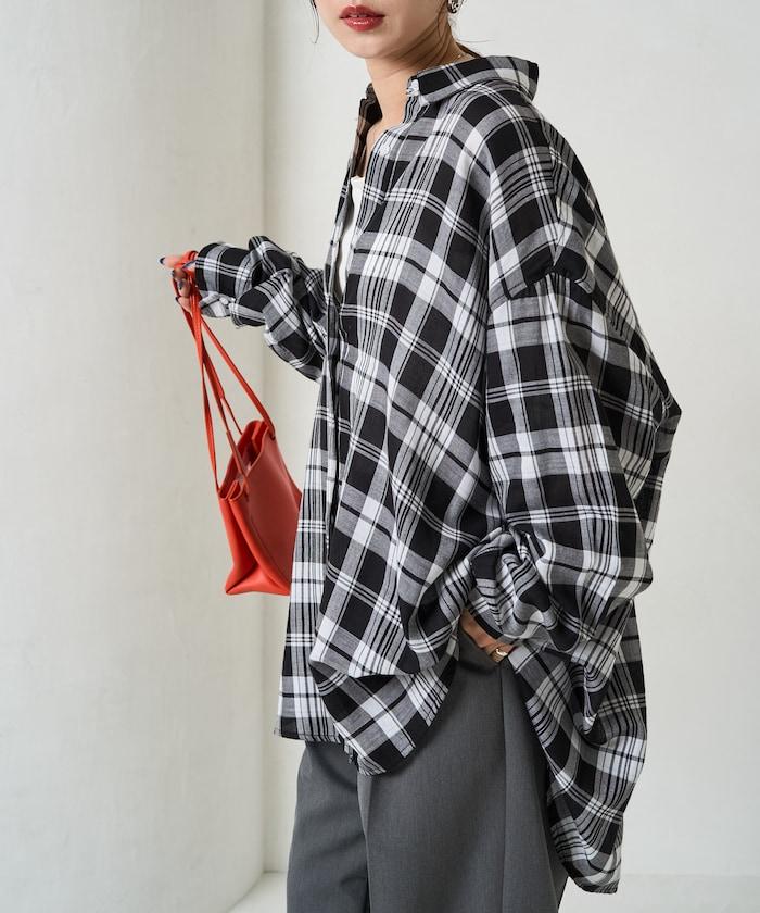 寬鬆版型格子寬袖襯衫