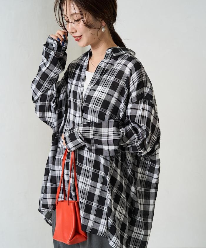 寬鬆版型格子寬袖襯衫