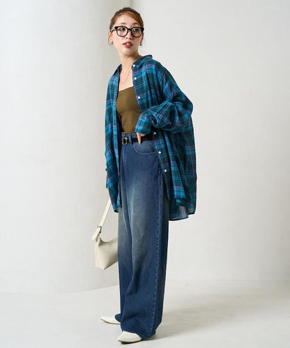 寬鬆版型格子寬袖襯衫