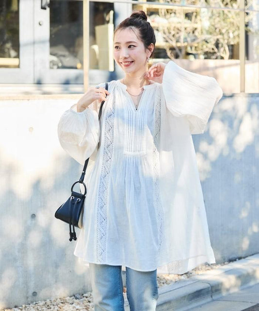 印度蕾絲褶飾長袖襯衫