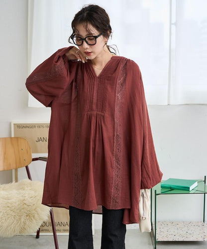 印度蕾絲褶飾長袖襯衫