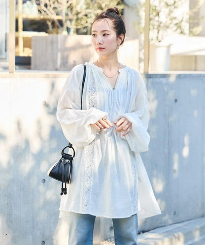 印度蕾絲褶飾長袖襯衫