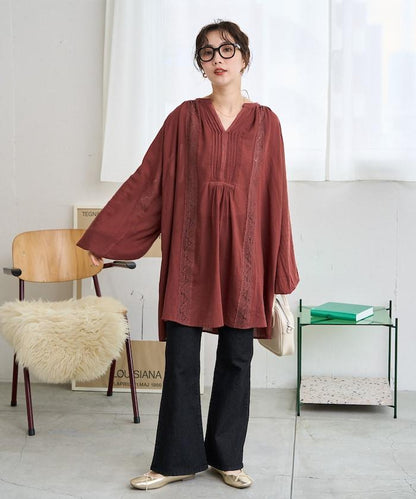 印度蕾絲褶飾長袖襯衫