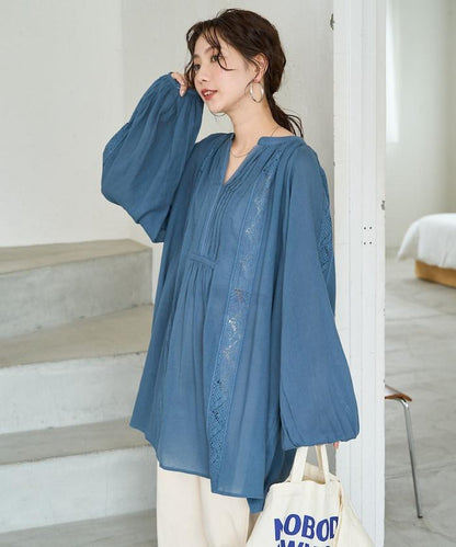 印度蕾絲褶飾長袖襯衫