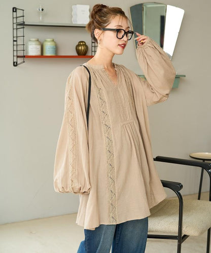 印度蕾絲褶飾長袖襯衫