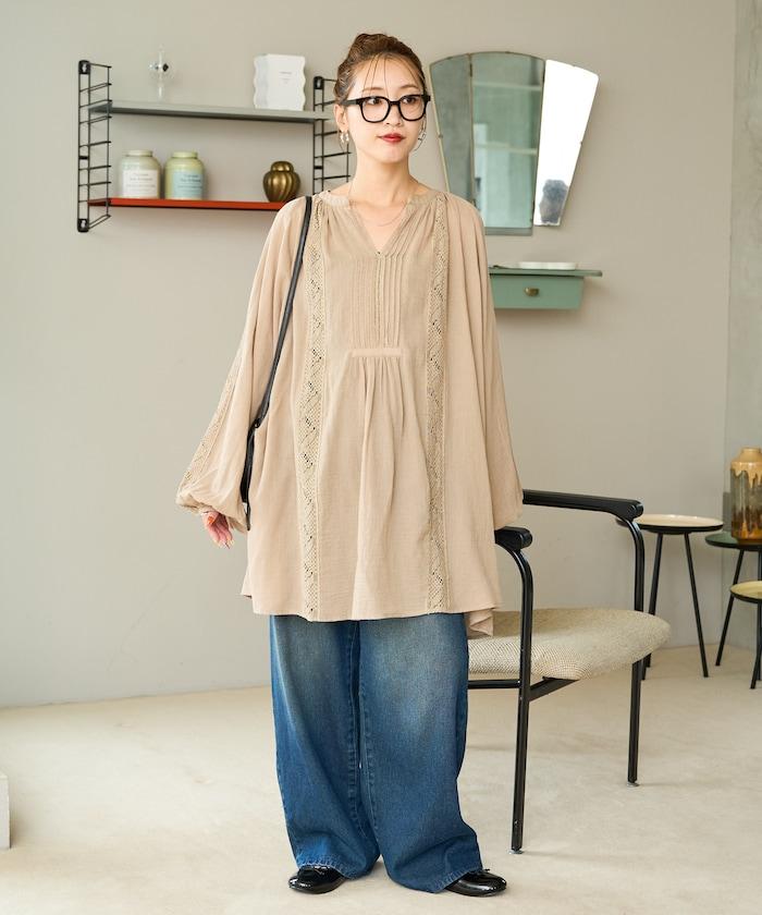 印度蕾絲褶飾長袖襯衫