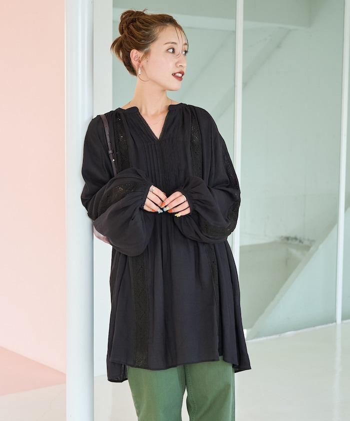 印度蕾絲褶飾長袖襯衫