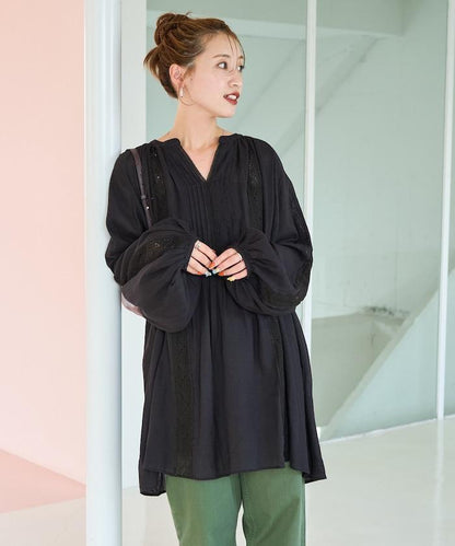 印度蕾絲褶飾長袖襯衫