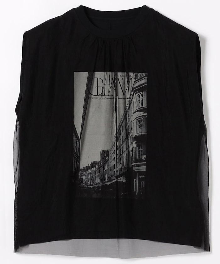 拼接網紗照片印花無袖T恤