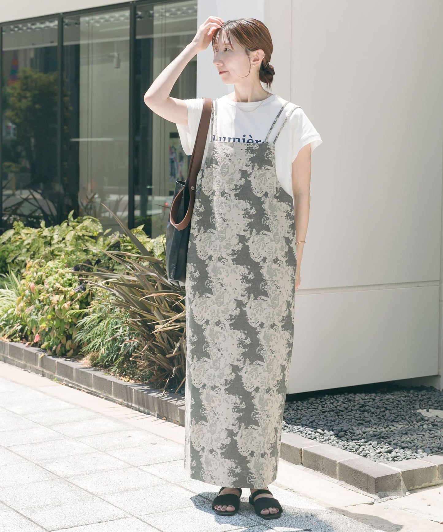 亞麻混紡提花吊帶連衣裙