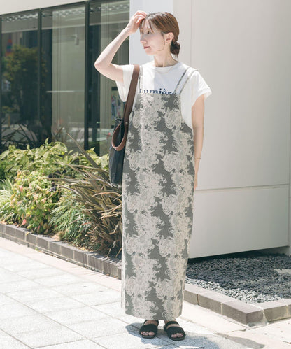 亞麻混紡提花吊帶連衣裙