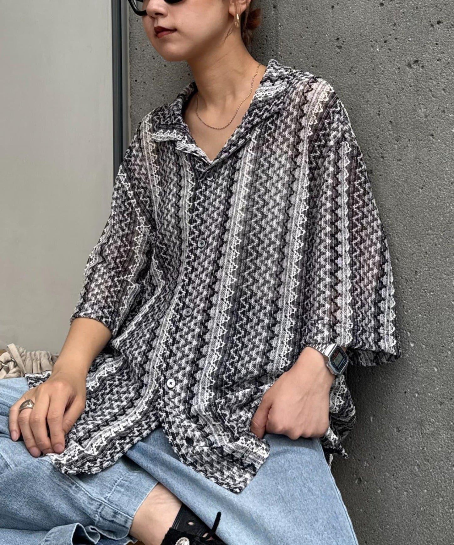 蕾絲透視條紋寬鬆襯衫