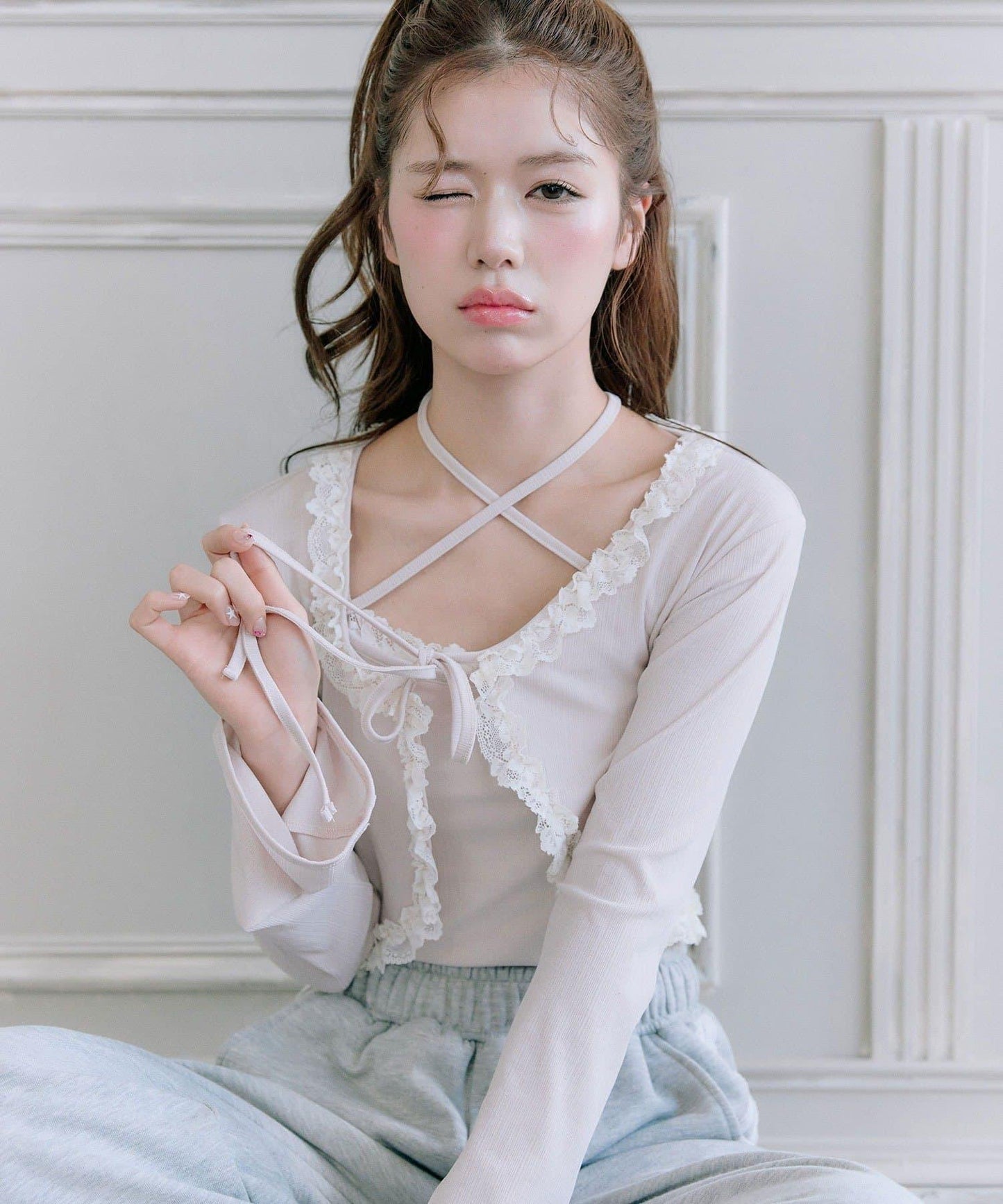 蕾絲荷葉邊短外套套裝