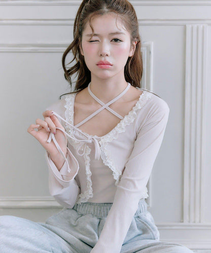 蕾絲荷葉邊短外套套裝