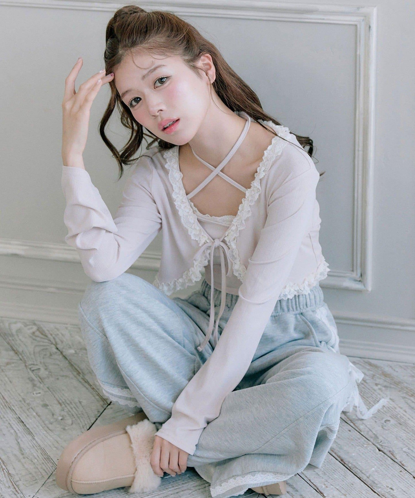 蕾絲荷葉邊短外套套裝