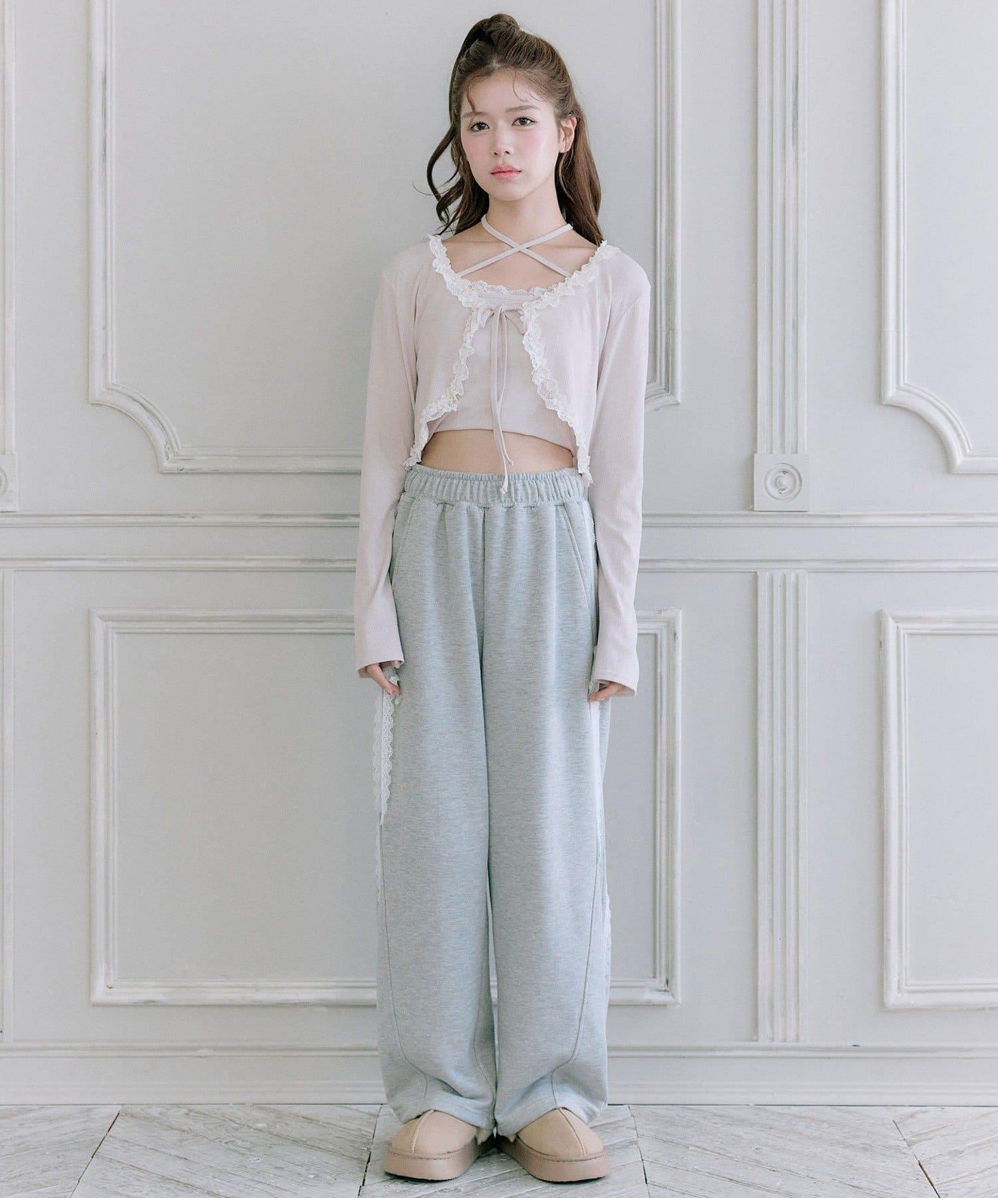 蕾絲荷葉邊短外套套裝