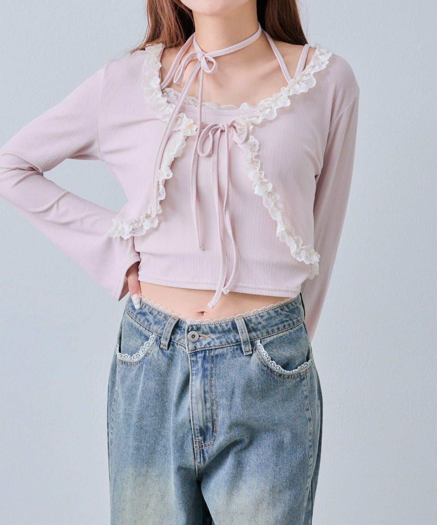 蕾絲荷葉邊短外套套裝