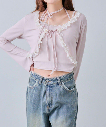 蕾絲荷葉邊短外套套裝