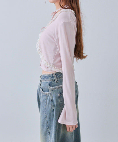 蕾絲荷葉邊短外套套裝