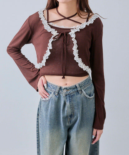 蕾絲荷葉邊短外套套裝