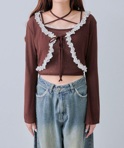 蕾絲荷葉邊短外套套裝