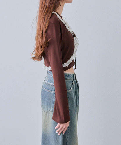 蕾絲荷葉邊短外套套裝