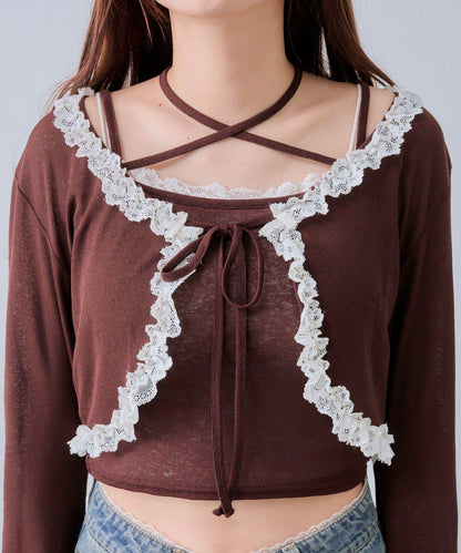 蕾絲荷葉邊短外套套裝