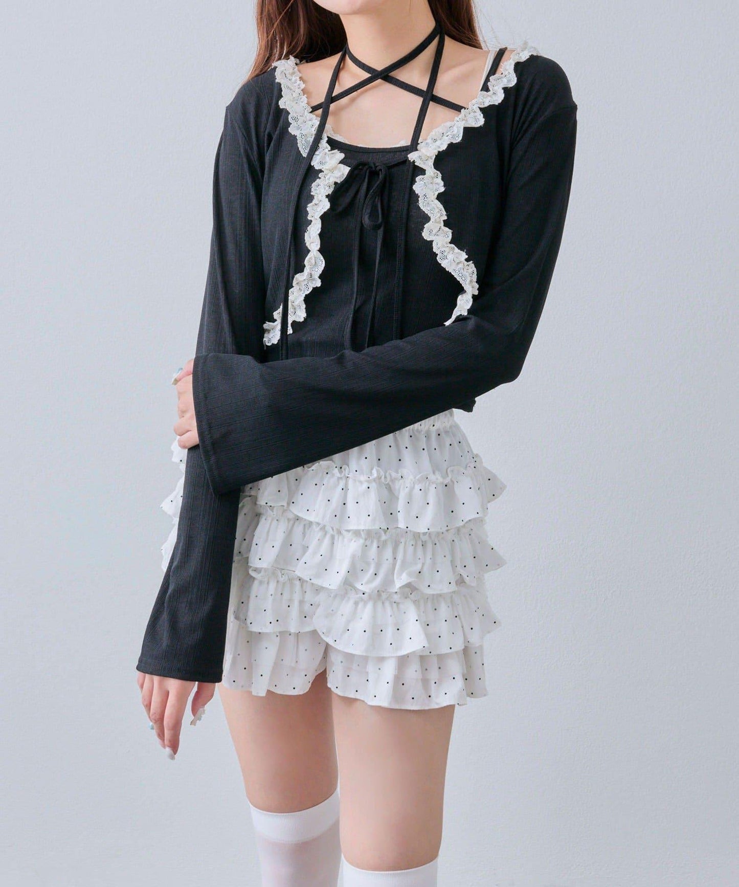 蕾絲荷葉邊短外套套裝