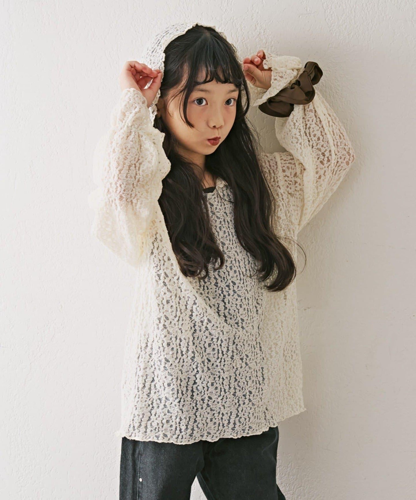 【KIDS】彈力蕾絲連帽衫