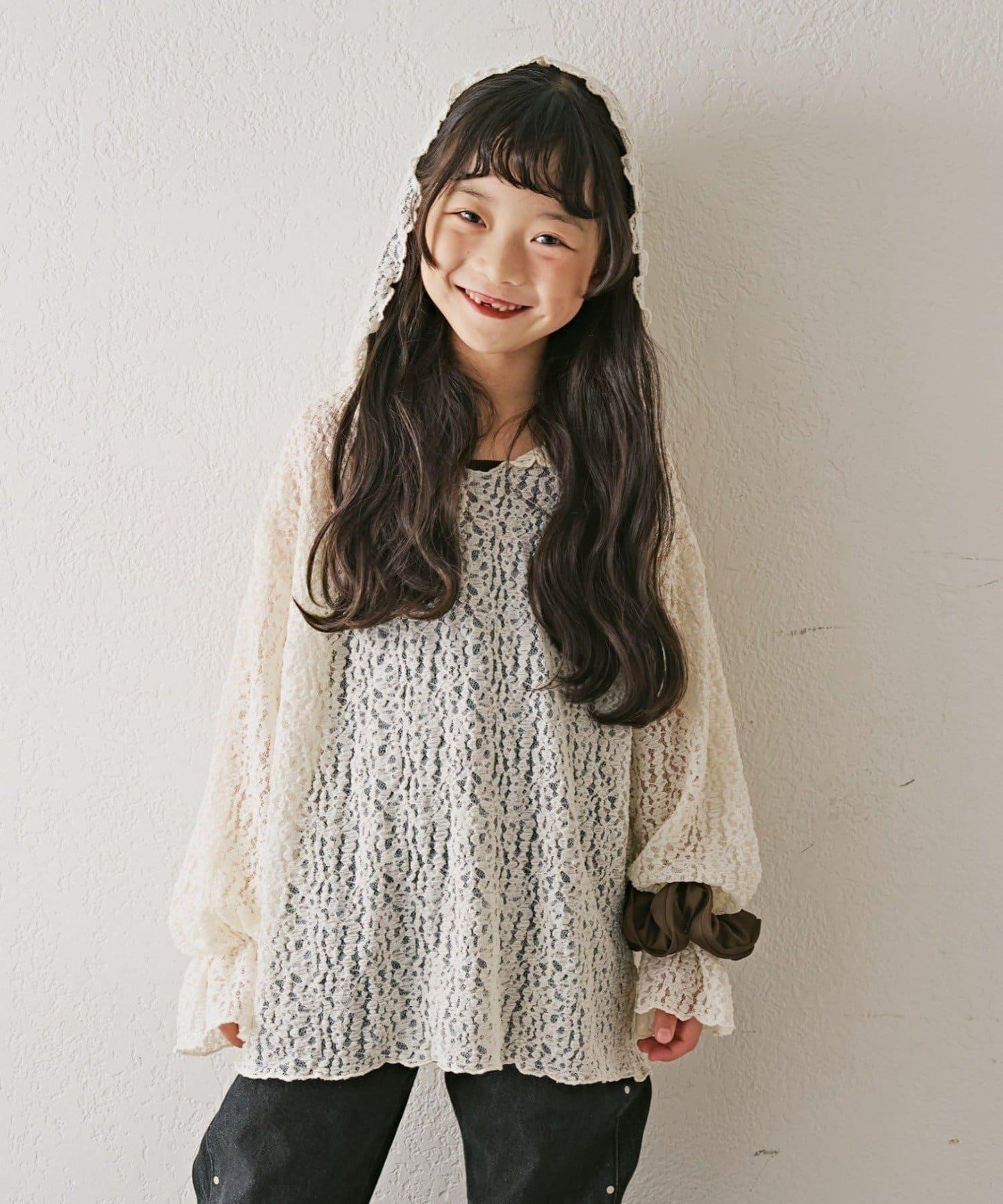 【KIDS】彈力蕾絲連帽衫