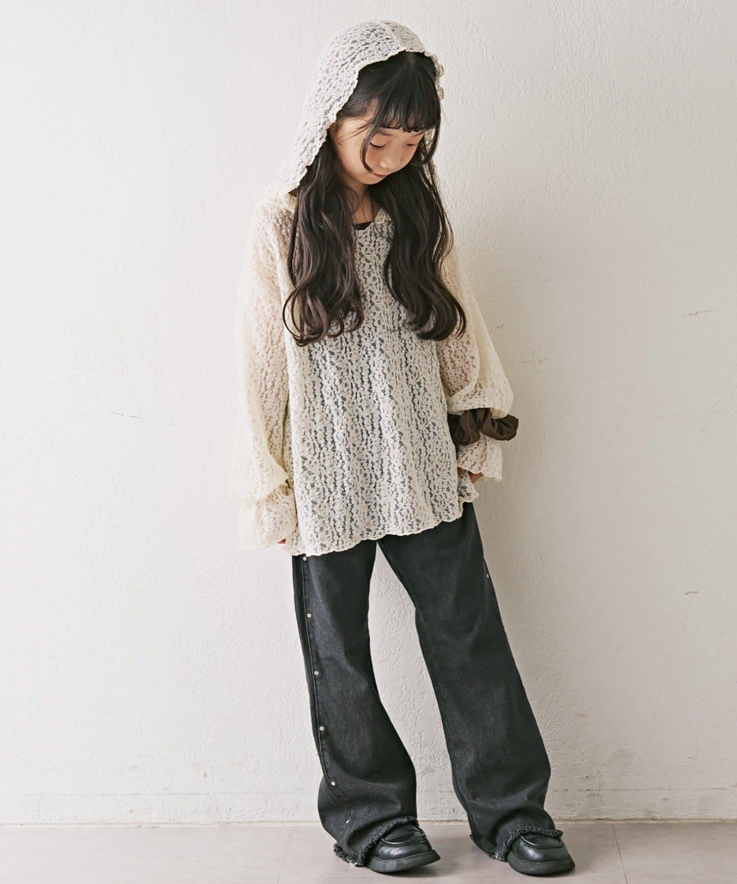 【KIDS】彈力蕾絲連帽衫