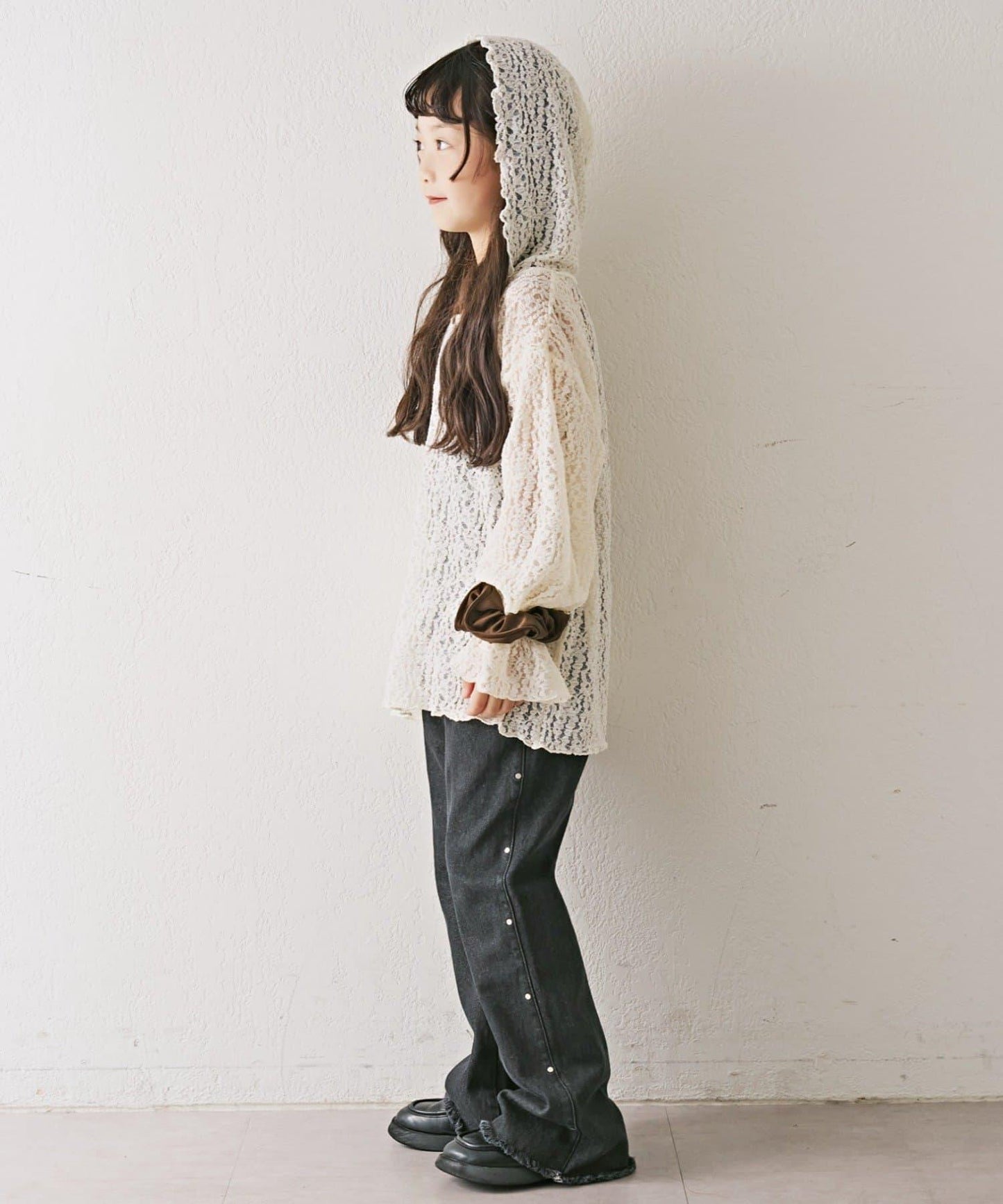 【KIDS】彈力蕾絲連帽衫