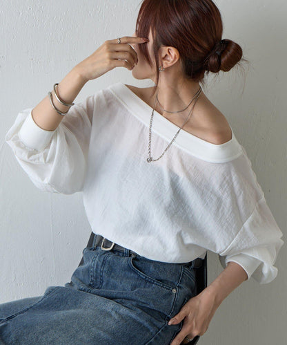 【AW】輕薄透視一字肩套頭衫