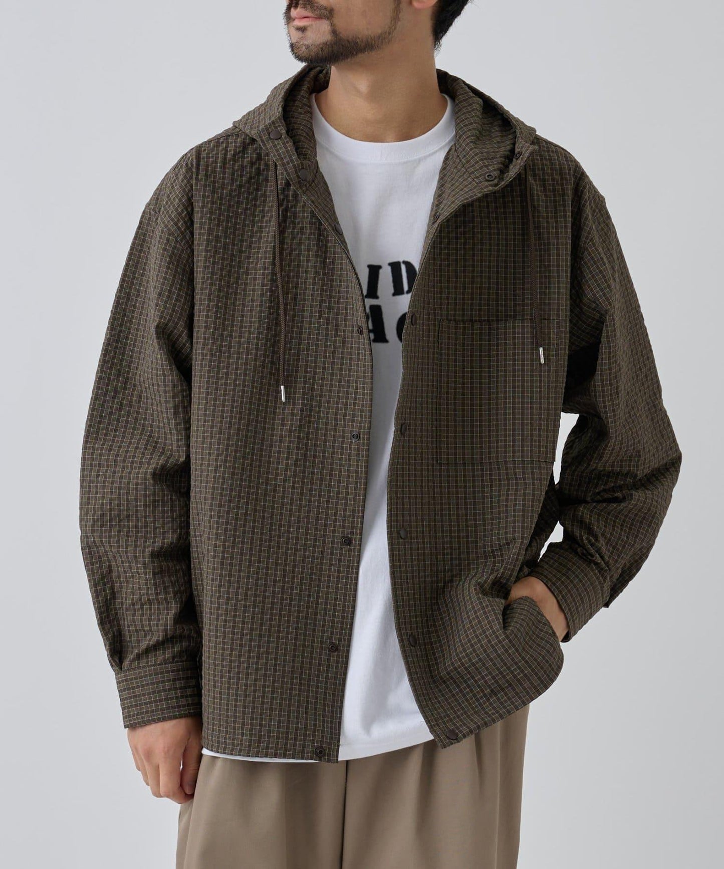 【AW】抽繩連帽格子襯衫