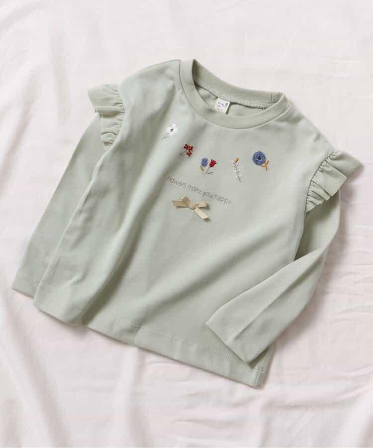 肩部荷葉邊花卉圖案T恤