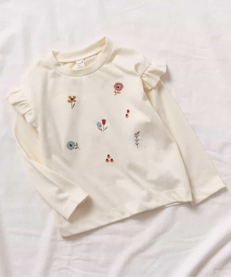 肩部荷葉邊花卉圖案T恤