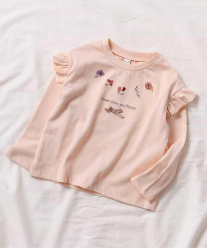 肩部荷葉邊花卉圖案T恤