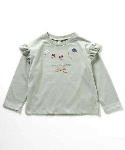 肩部荷葉邊花卉圖案T恤