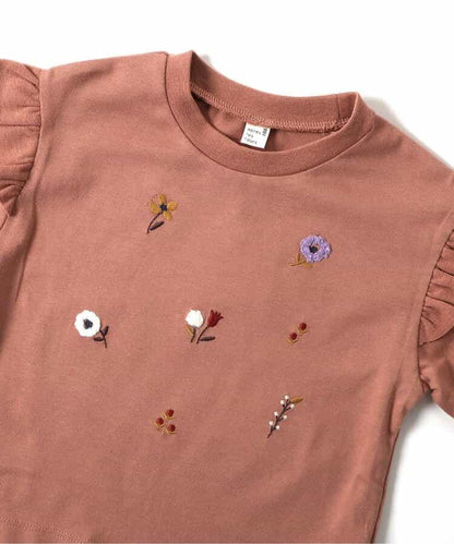 肩部荷葉邊花卉圖案T恤