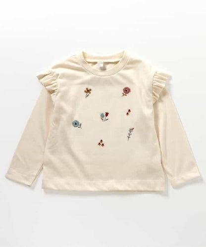 肩部荷葉邊花卉圖案T恤