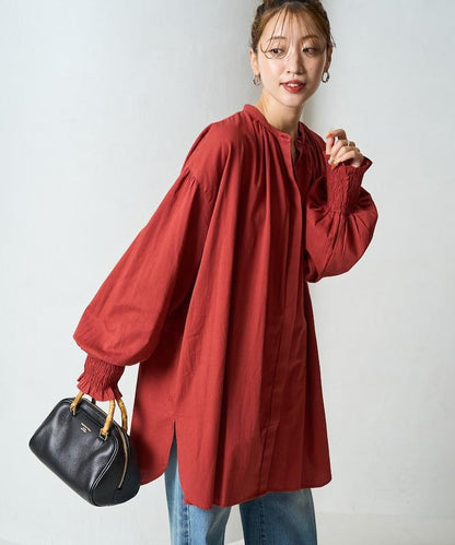 印度棉斜紋褶皺泡泡袖襯衫